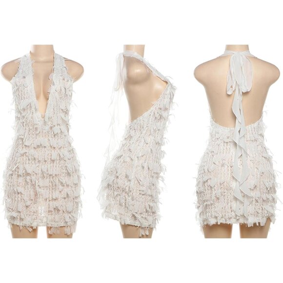 Women's Bodycon Mini Dress Polyester Spandex V-Neck Backless Fringe Summer - Picture 6 of 6